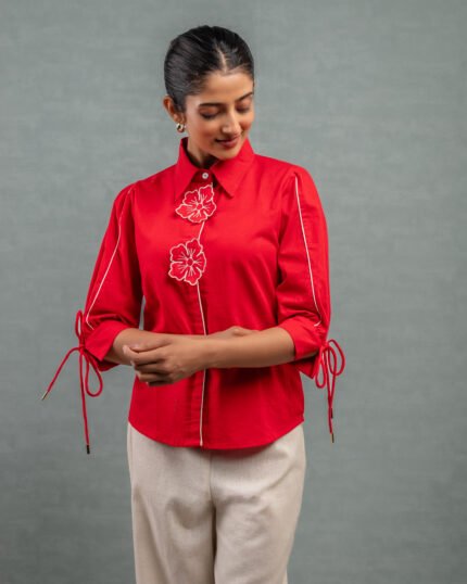 Red Linen Flower Top Shirt